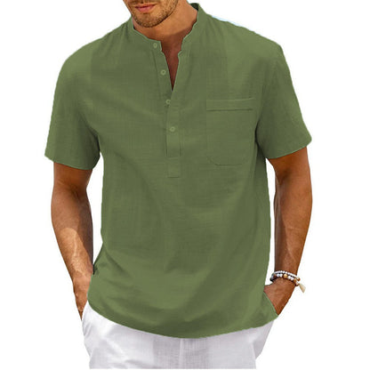 Herren Hemd Kurzarm Modern Henley Kragen mit Brusttasche