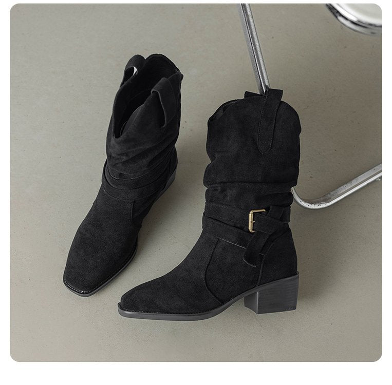 Western Stiefeletten Damen Blockabsatz Riemen Schuhe