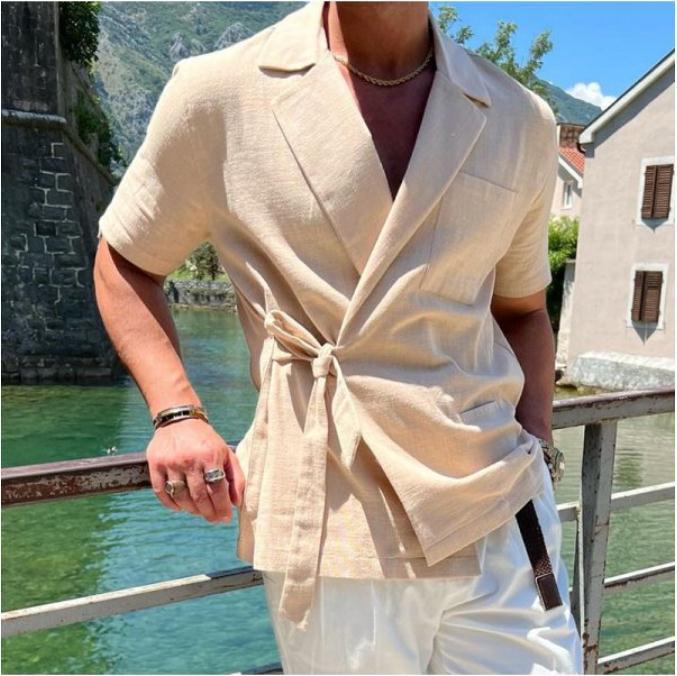 Herren Leinenhemd Wickel Optik Elegant Sommer