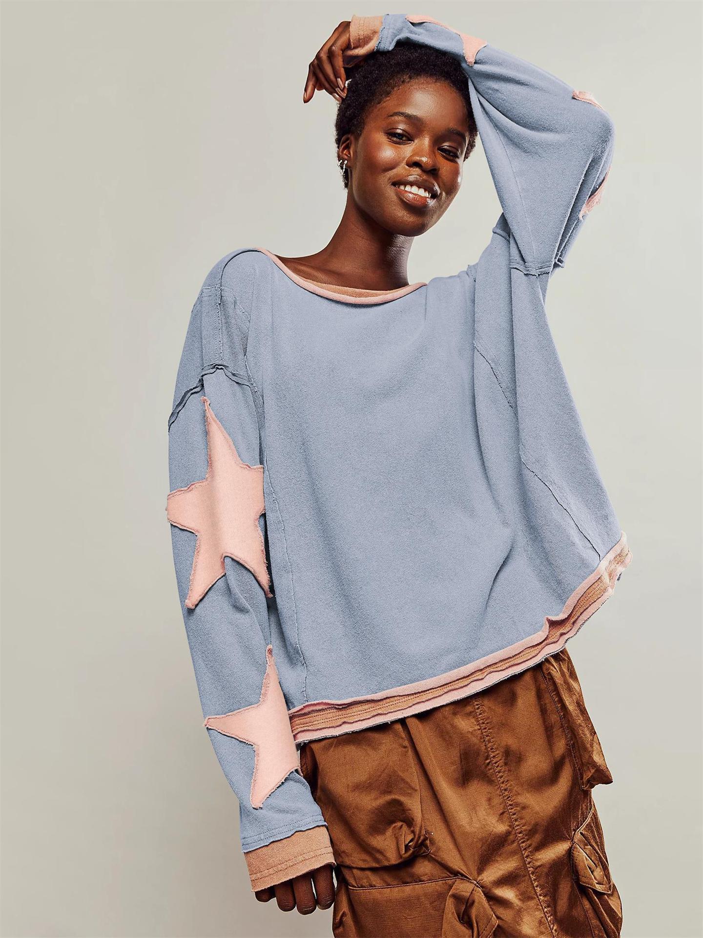 Damen Sweatshirt Lässig Gestreift Mit Sternen