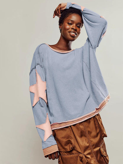 Damen Sweatshirt Lässig Gestreift Mit Sternen