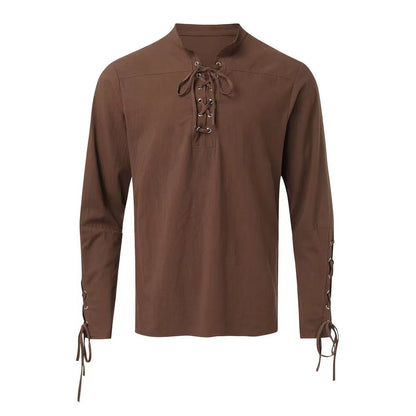 Herren Leinenhemd Langarm Modern Schnürfront Eleganz