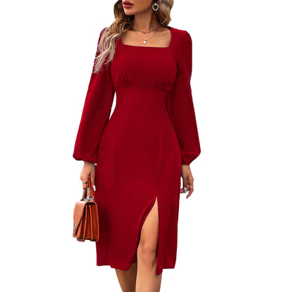 Elegantes Damen Midi-Kleid mit Quadrat-Ausschnitt und Puffärmeln