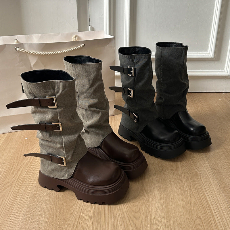 Damen Boots Schnallenverzierung Plateau Heel Stiefel Damen Mode