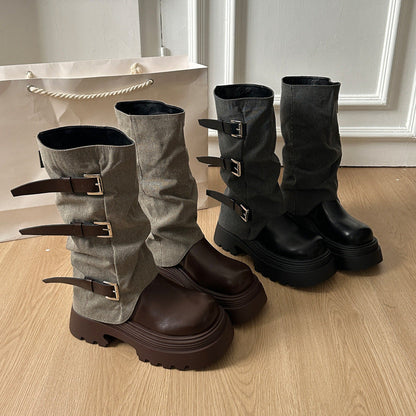 Damen Boots Schnallenverzierung Plateau Heel Stiefel Damen Mode
