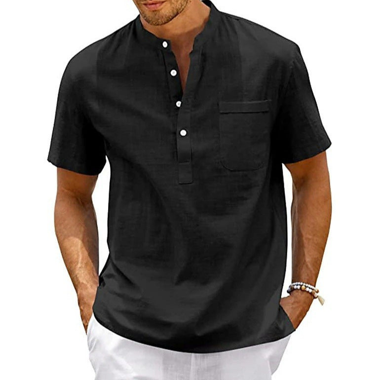 Herren Hemd Kurzarm Modern Henley Kragen mit Brusttasche - BerlinGlamour