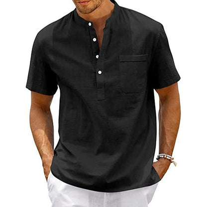 Herren Hemd Kurzarm Modern Henley Kragen mit Brusttasche - BerlinGlamour