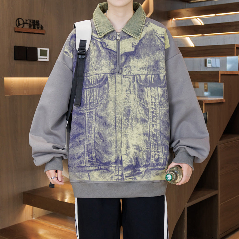 Unisex Sweatshirt Oversized Blau Denim Stehkragen