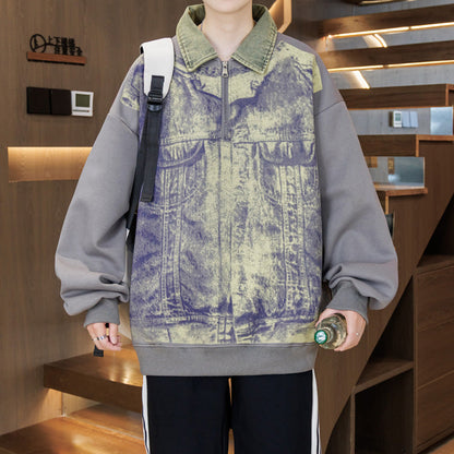 Unisex Sweatshirt Oversized Blau Denim Stehkragen