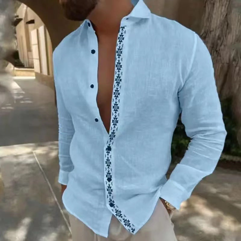 Herren Leinenhemd Elegantes Sommerhemd mit Stickerei