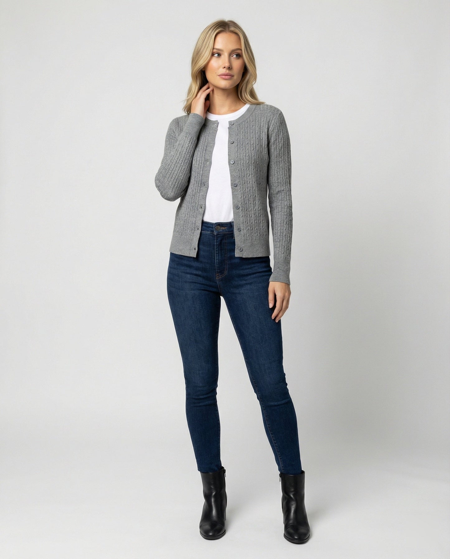 Damen Strickcardigan Klassisch Feinstrick Rundhals SlimFit