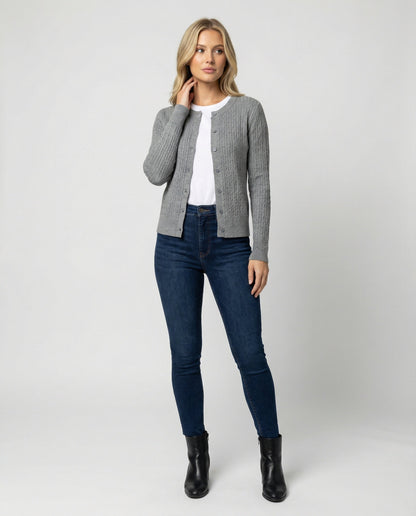 Damen Strickcardigan Klassisch Feinstrick Rundhals SlimFit
