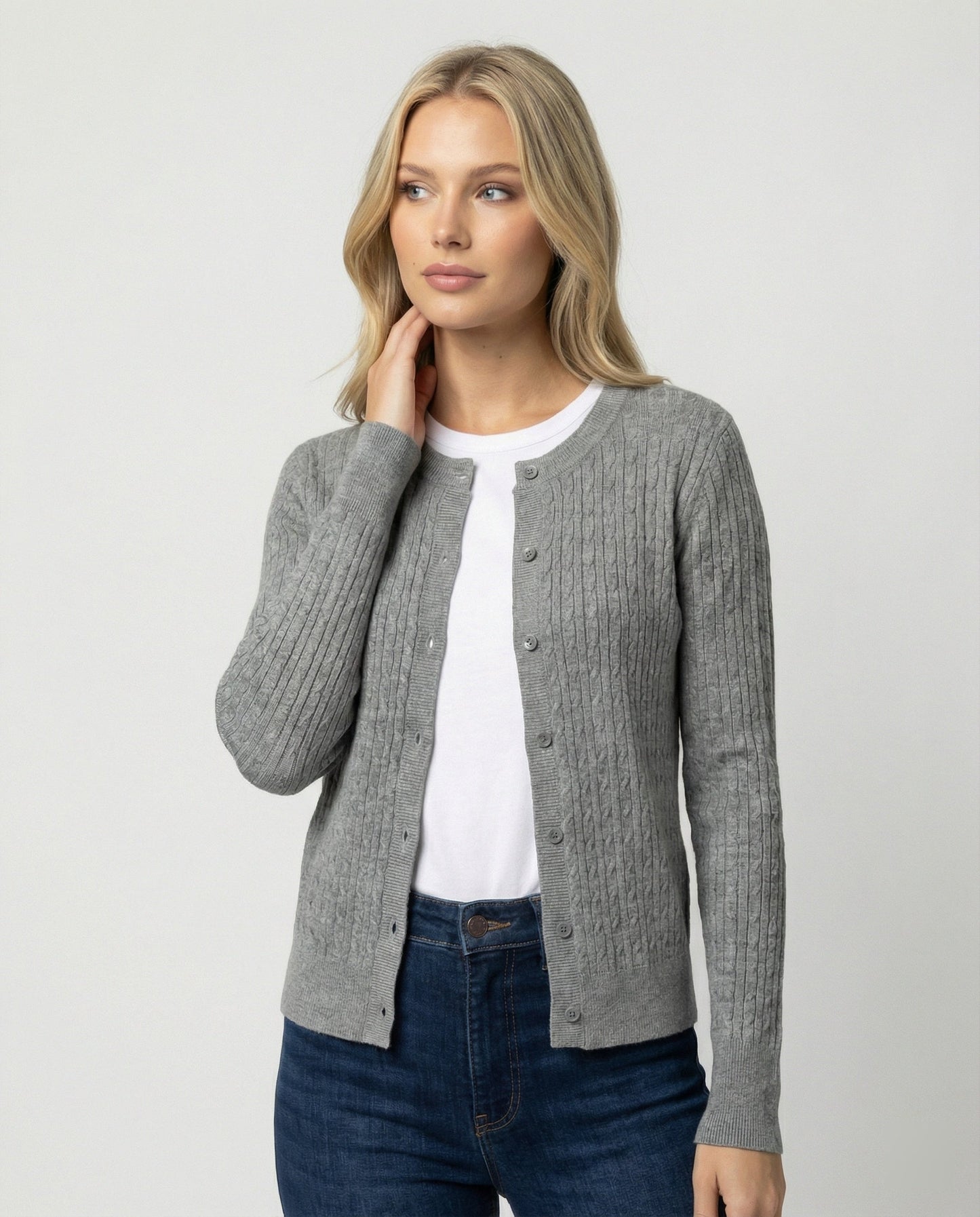 Damen Strickcardigan Klassisch Feinstrick Rundhals SlimFit - BerlinGlamour