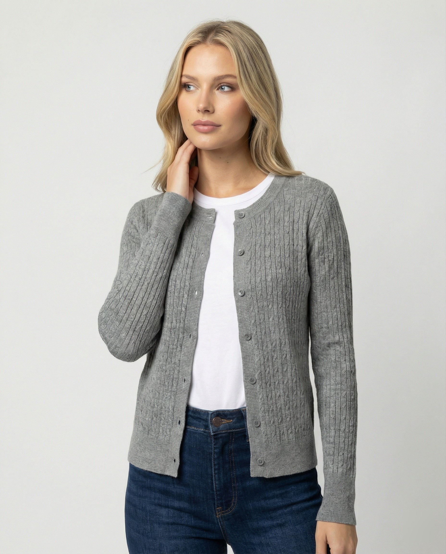 Damen Strickcardigan Klassisch Feinstrick Rundhals SlimFit - BerlinGlamour