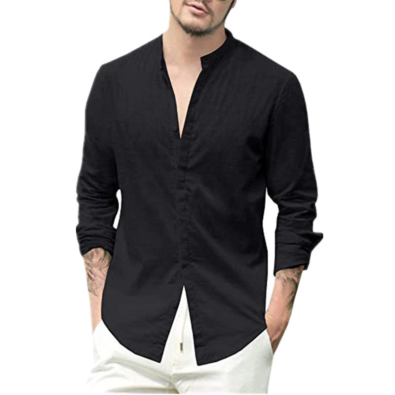 Herren Leinenhemd Modern Slim Fit Stehkragen Bequem