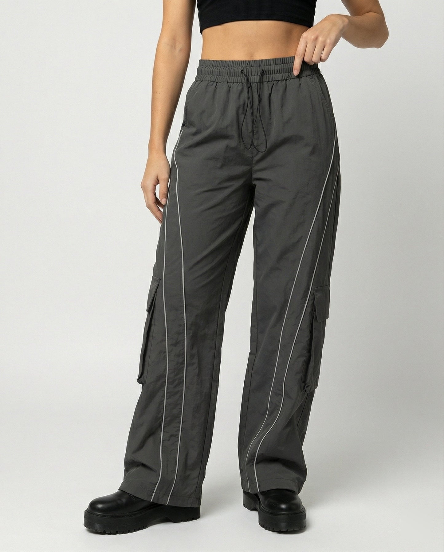 Damen Cargo-Hose Weite Bein Reflektierende Streifen - BerlinGlamour