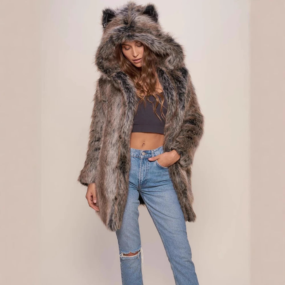 Damen Faux-Fur-Mantel mit Kapuze Warm und Ohrenschützer - BerlinGlamour