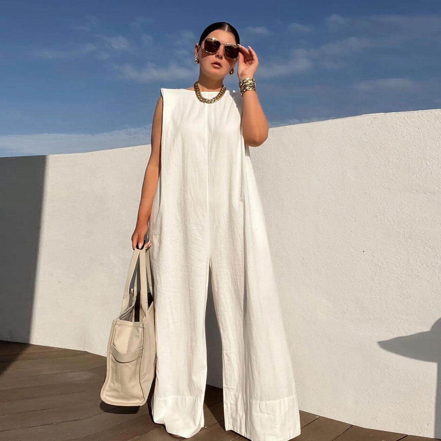 Damen Jumpsuit Weit Kapuze Tiefster Rücken Modern