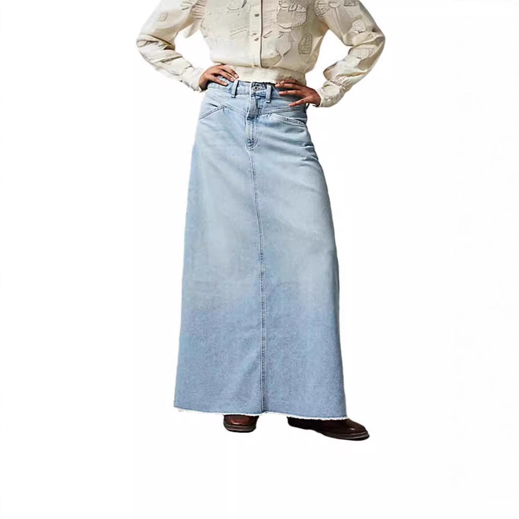 Damen Denim-Rock Hochtailliert mit Taschen Lang - BerlinGlamour