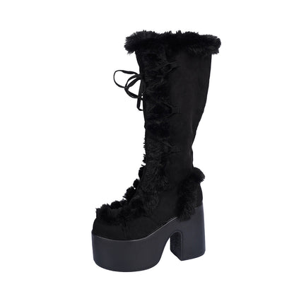 Damen Plateau Stiefel Hoch mit Kunstfell Schnürsenkel Damenstiefel Winter