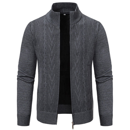 Herren Strickjacke Modern Zopfmuster Stehkragen Schwarz