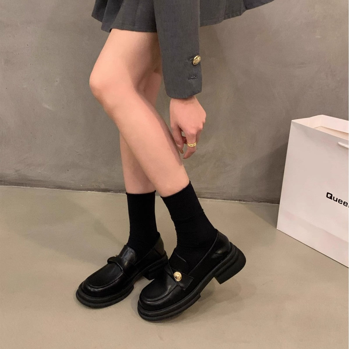 Damen Mokassin Lackleder Elegant Schnalle Schwarz Mode