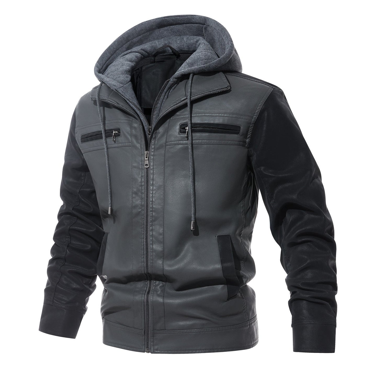 Herren Lederjacke Mit Kapuze Modern Elegant Schwarz