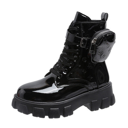 Damen Stiefel Schuhe Mit Tasche Schwarz Glanz