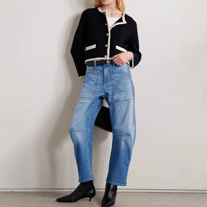 Damen Hohe Bund Jeans Hose mit Taschen