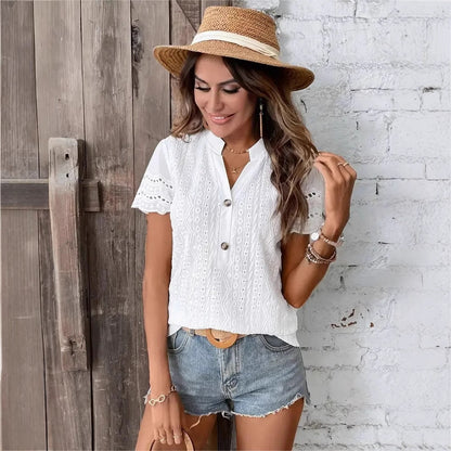 Damen Bluse Kurzarm Elegant mit Stickerei