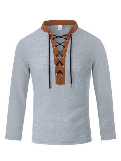 Herren T-Shirt Langarm Modern Schnürung Melange Look