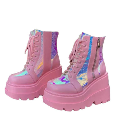 Damen Plateau Stiefel Hoch Schnürstiefel Kunstleder Reflektierend