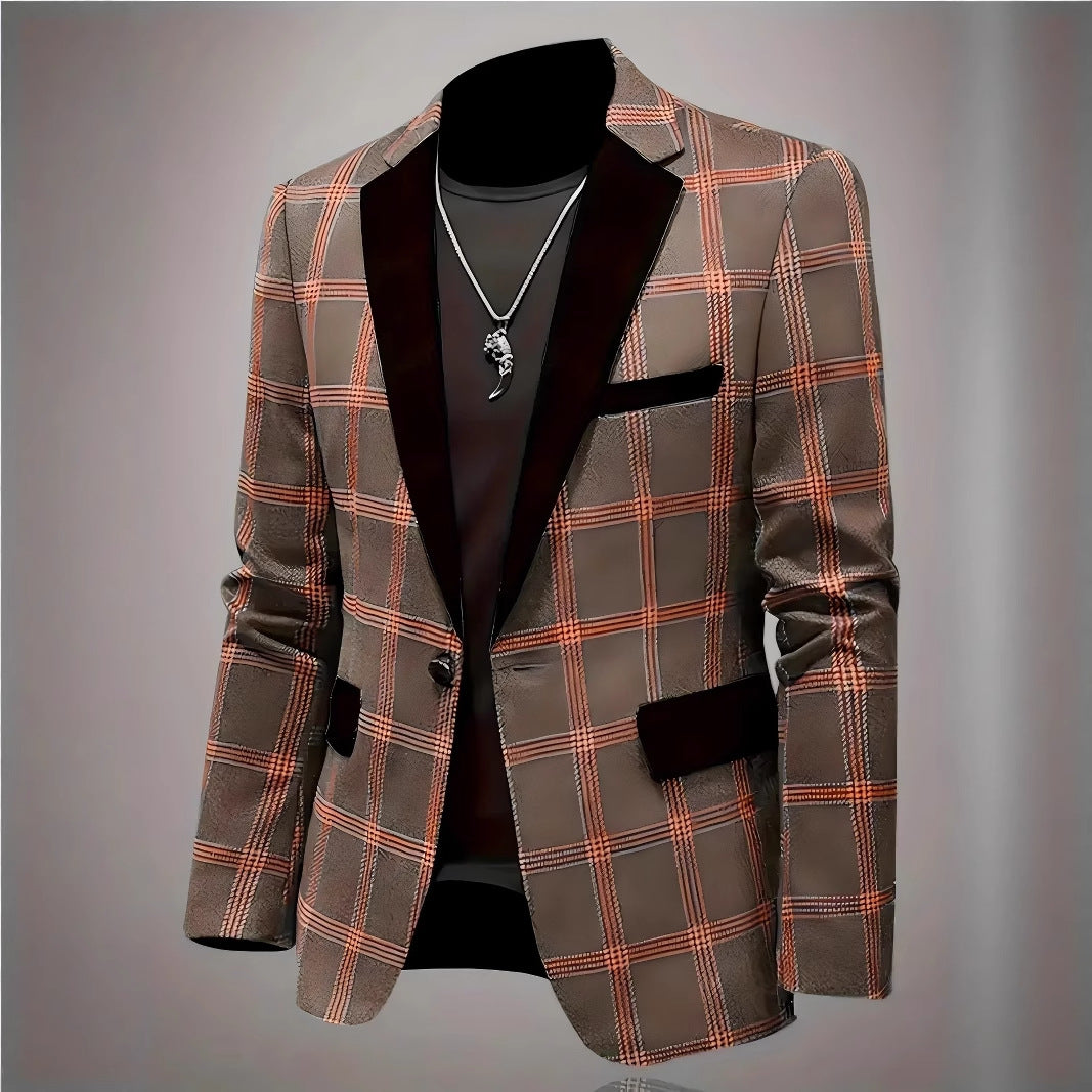 Herren Blazer Karo Elegant Samt Revers Modern