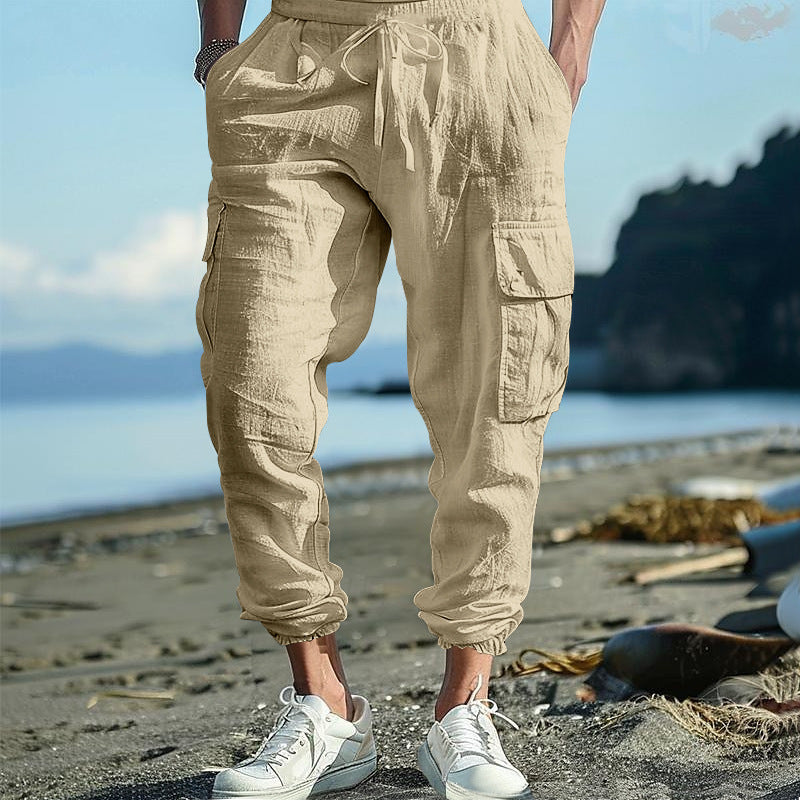 Herren Leinenhose Bequem Elastisch Cargo Hose Sommer