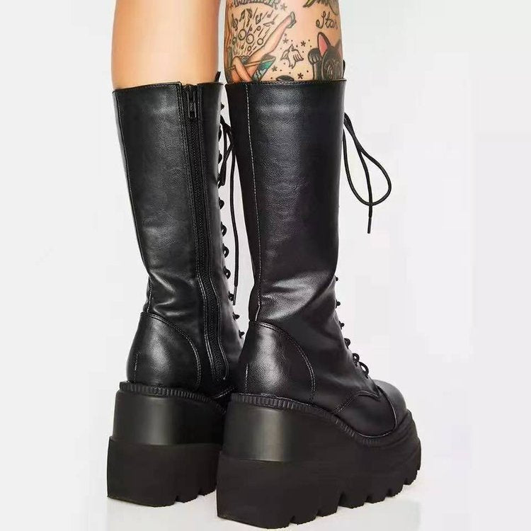 Damen Schnürstiefel Urban Style Stabiler Sohle Schwarz