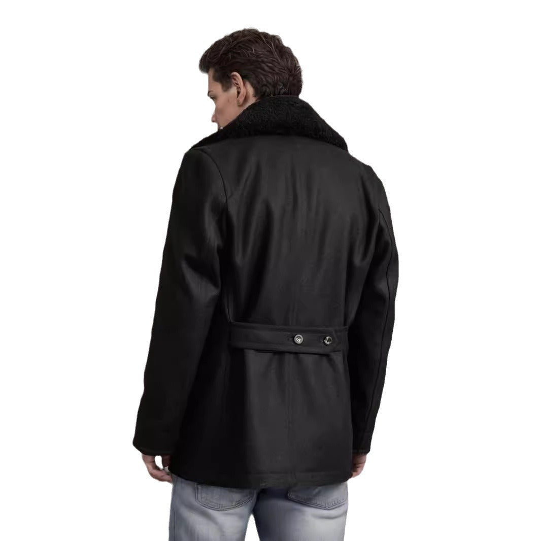 Herren Wollmantel Modern mit Kontrastkragen Schwarz