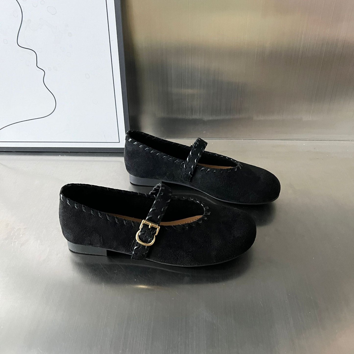 Damen Ballerinas Elegante Velourschuhe mit Riemen