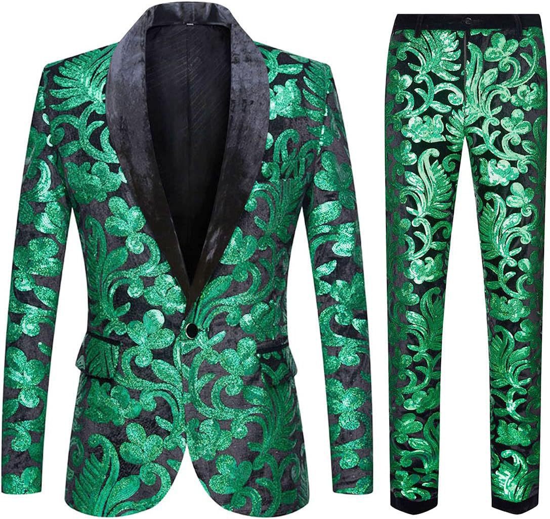 Herren Anzug Samt mit Pailletten Muster Elegant Schwarz