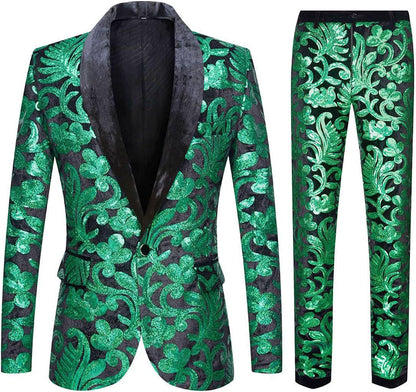 Herren Anzug Samt mit Pailletten Muster Elegant Schwarz