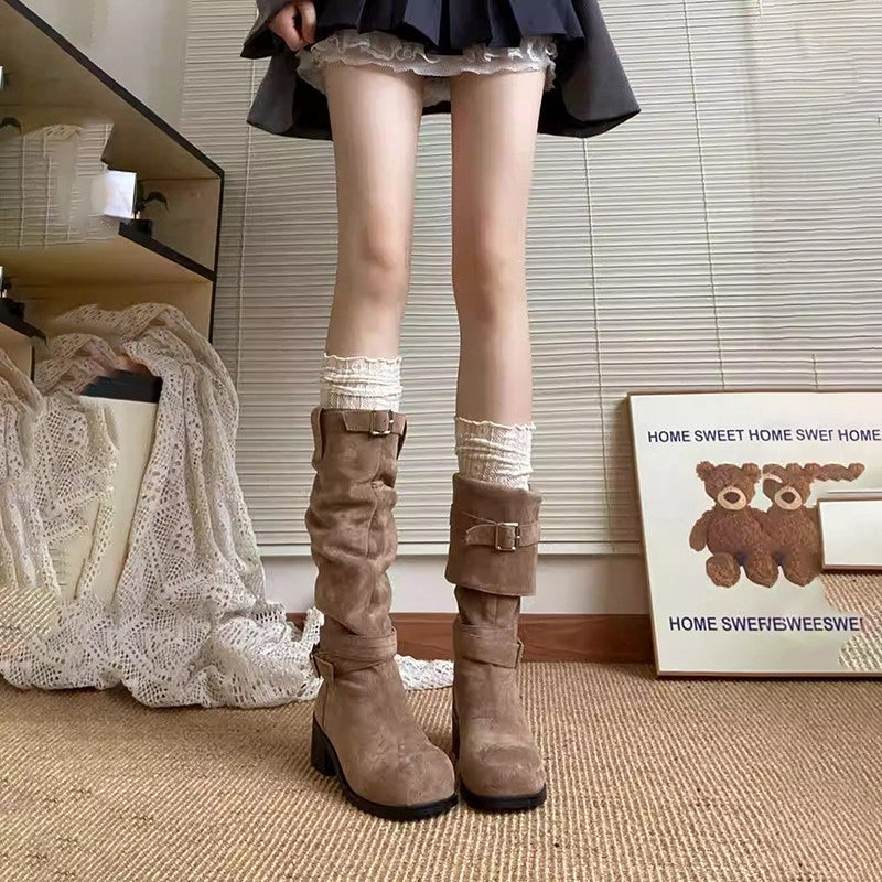 Damen Stiefel Mit Schnalle Elegant Gerafft - BerlinGlamour
