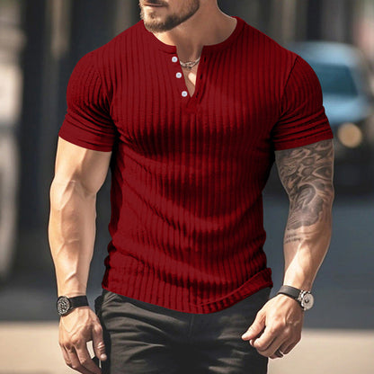 Herren Rippenshirt Kurzarm Henley Ausschnitt Modern