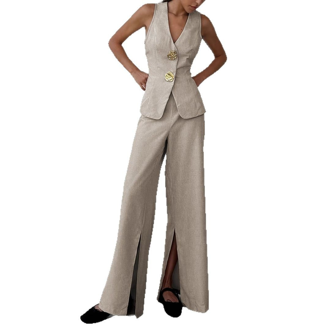Damen Business Ensemble Blazer Ärmellos mit Weite Hosen