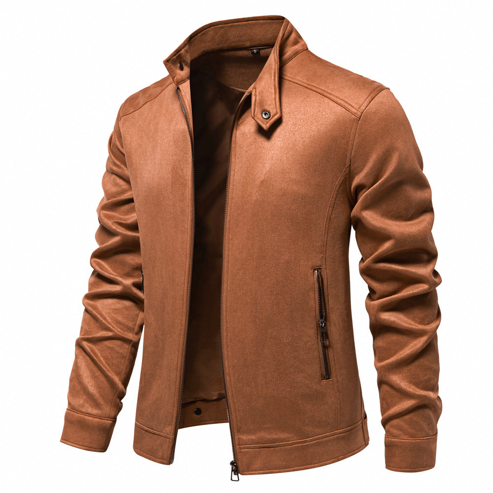 Herren Lederjacke Modern Stehkragen Mit Taschen Schwarz