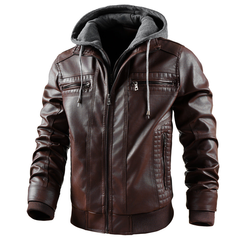 Lederjacke Herren Modern mit abnehmbarem Kapuzenfutter Schwarz