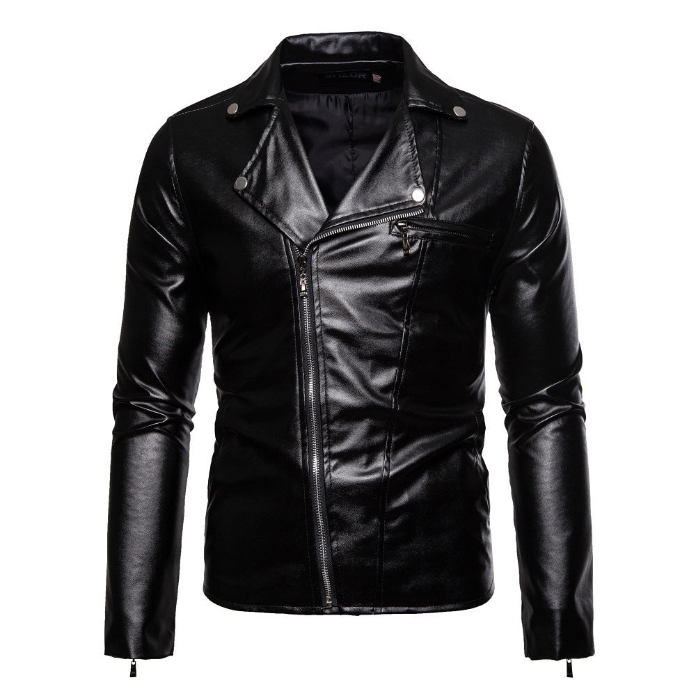 Lederjacke Herren Modern Asymmetrisch Reißverschluss Schwarz