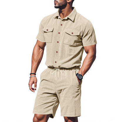 Herren Sommer Set Kurzarm Hemd Shorts mit Brusttaschen Elastisch