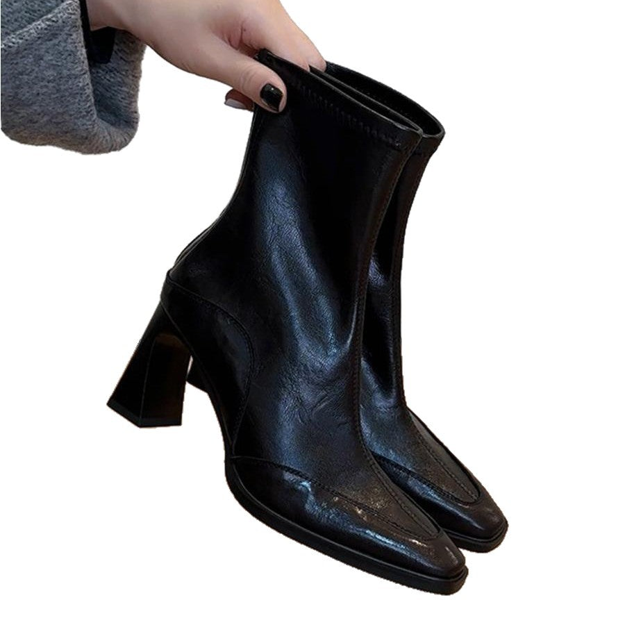 Damen Stiefeletten Elegante Schnitt Blockabsatz Schwarz