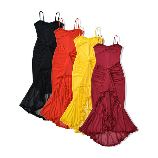 BerlinGlamour Trägerkleid: Asymmetrisches Netzkleid mit Schlitz