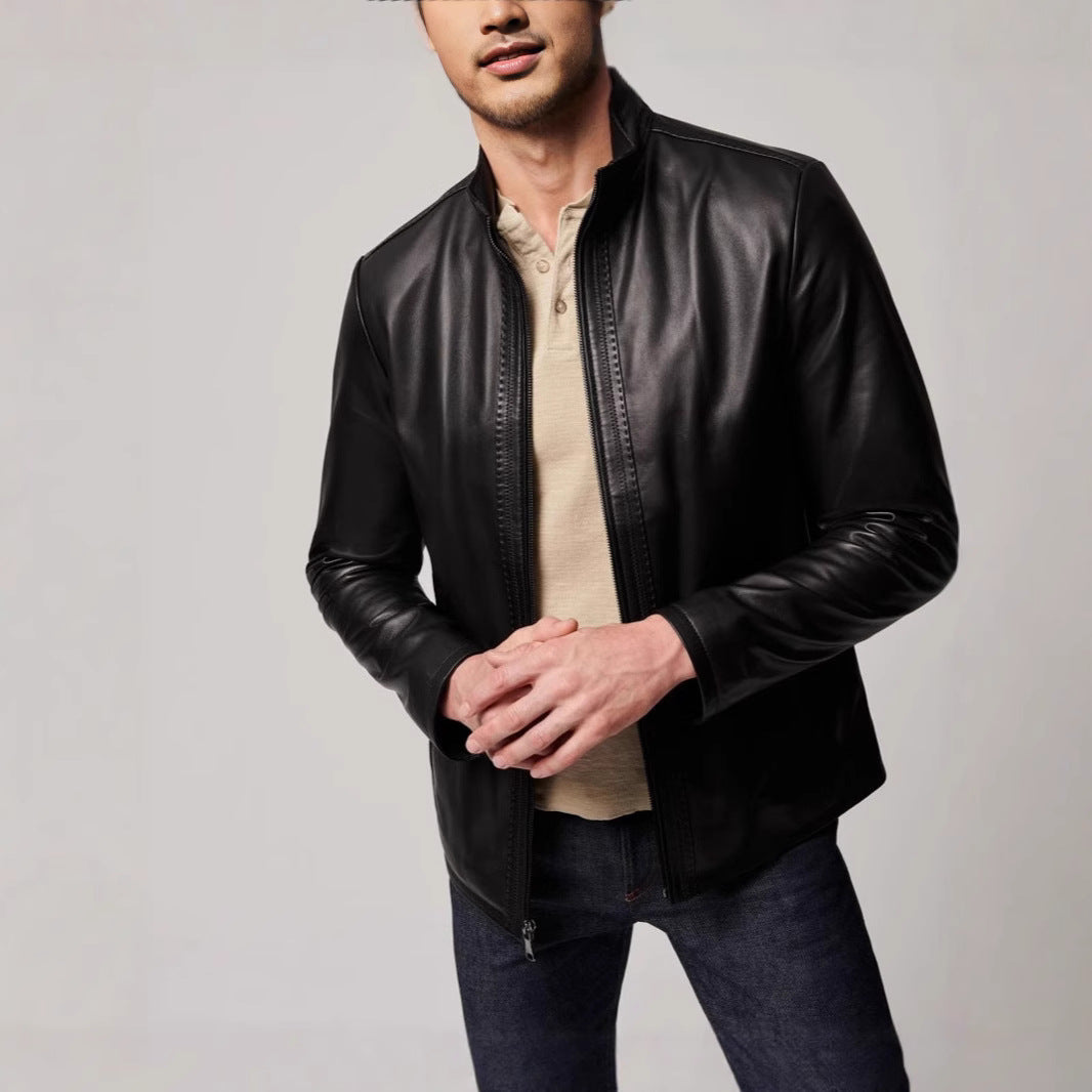Herren Lederjacke Elegante Ledermantel Hochkragen Schwarz - BerlinGlamour
