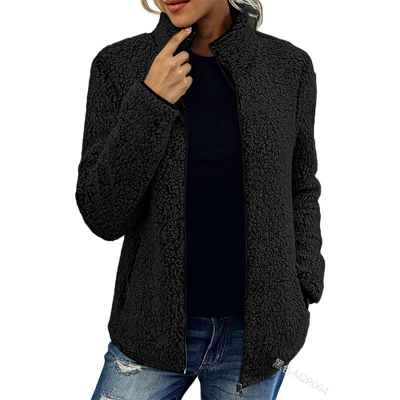 Damen Fleecejacke Flauschig Warm mit Kragen und Taschen